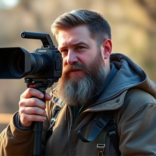 Finnian Aurora - Director of Photography. A man with a neatly trimmed beard and a focused gaze. He's wearing a professional camera harness and a practical jacket.