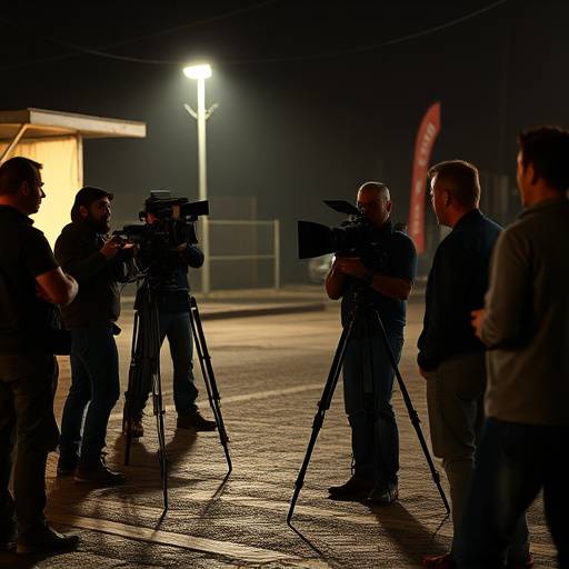 On-location video shoot with crew filming actors.