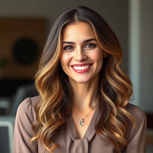 Seraphina Moon - Creative Director. A woman with long, wavy hair, smiling warmly at the camera. She is wearing a stylish blouse and a necklace.